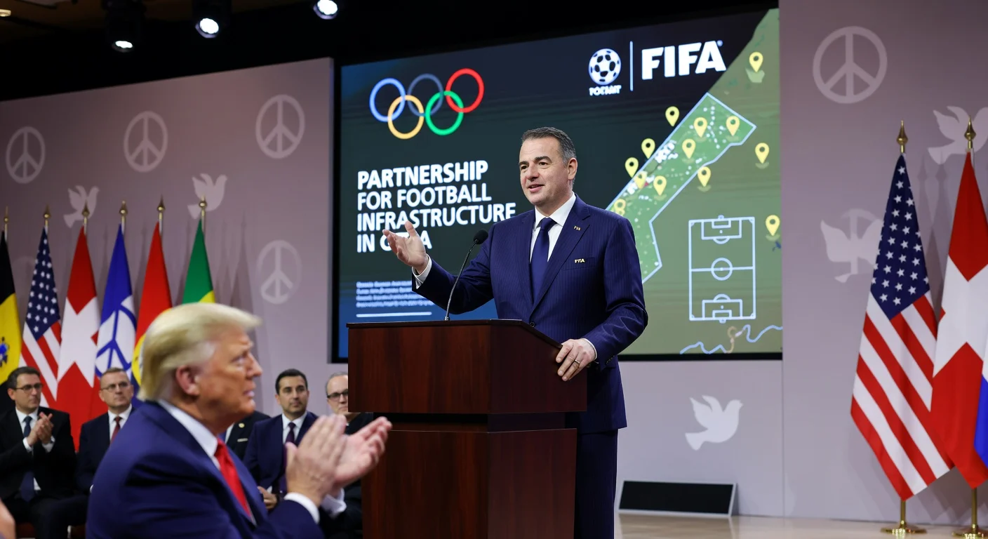 FIFA President Gianni Infantino at podium during Trump peace meeting, cleared by IOC of neutrality breach.