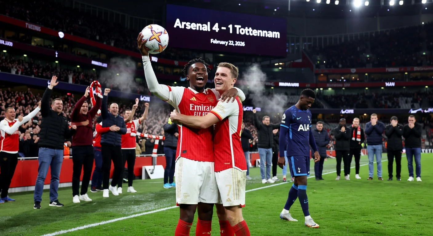 Arsenal players Eberechi Eze and Viktor Gyokeres celebrate 4-1 North London derby win over Tottenham at Tottenham Hotspur Stadium.