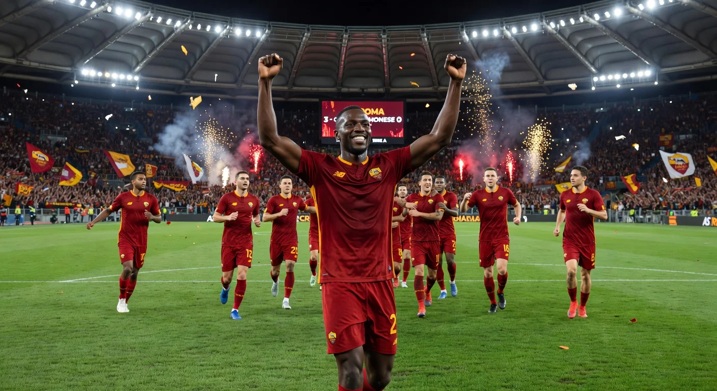AS Roma defender Evan Ndicka and teammates celebrate 3-0 Serie A win over Cremonese at Stadio Olimpico.