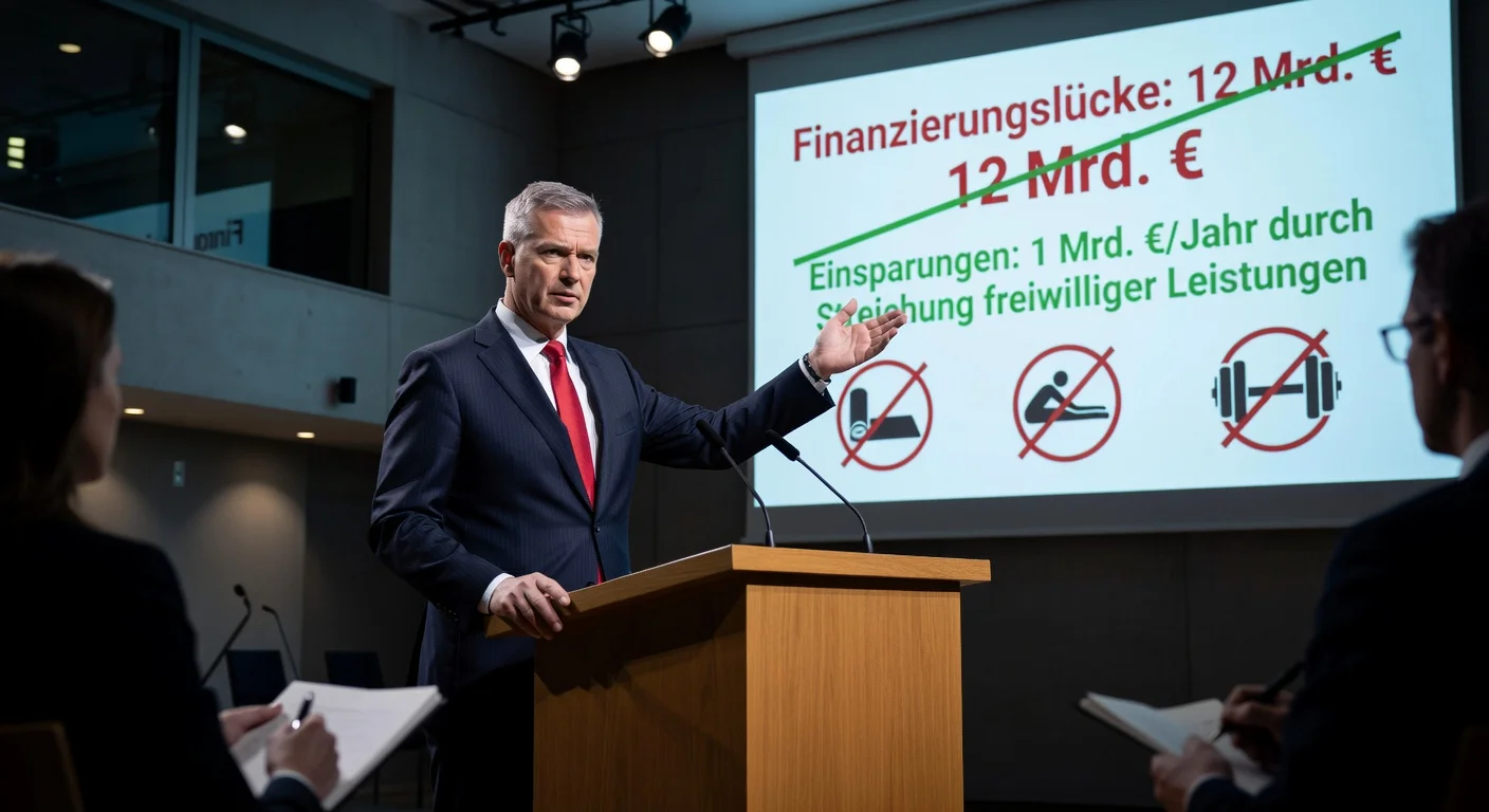 Press conference photo of health insurance chief Andreas Gassen calling for abolition of voluntary services to save 1 billion euros amid 12 billion euro gap.