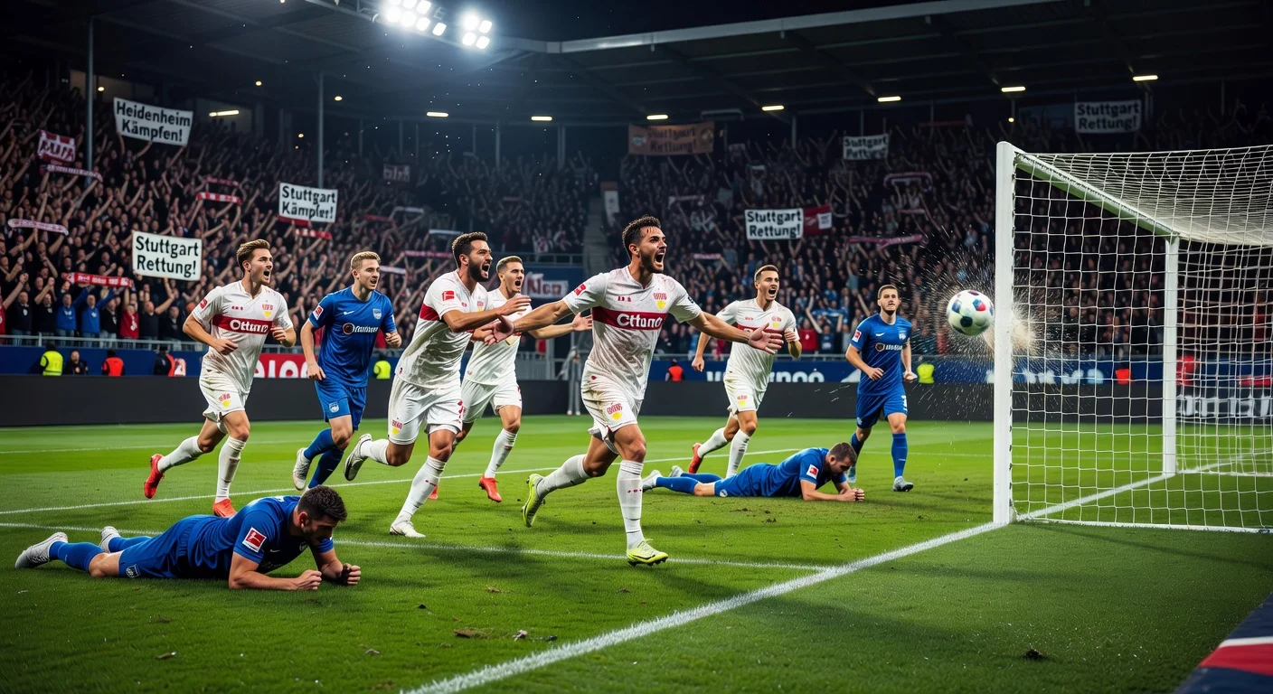 Dramatic moment of Deniz Undav's late equalizer in Heidenheim's 3-3 draw with Stuttgart, capturing celebration amid packed stadium.