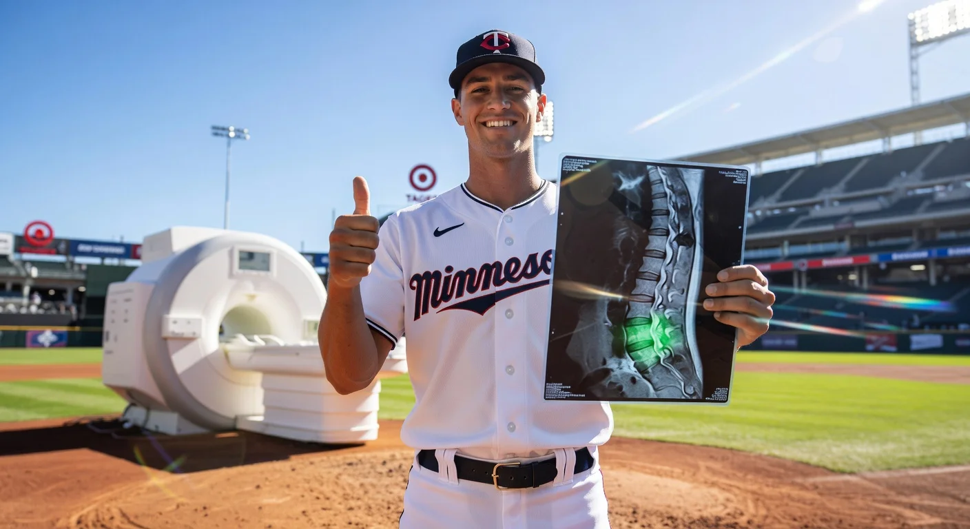 Minnesota Twins pitcher Joe Ryan smiles in relief after positive MRI results for back inflammation, thumbs-up on the mound.