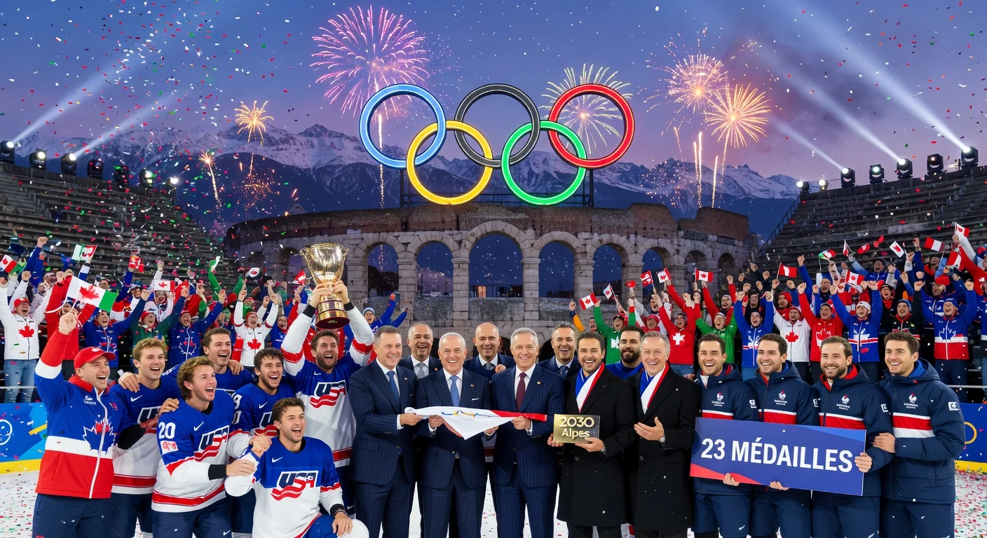 Closing ceremony of Milan-Cortina 2026 Winter Olympics in Verona: Olympic flag handover to France, US ice hockey gold celebration, festive crowd and fireworks.
