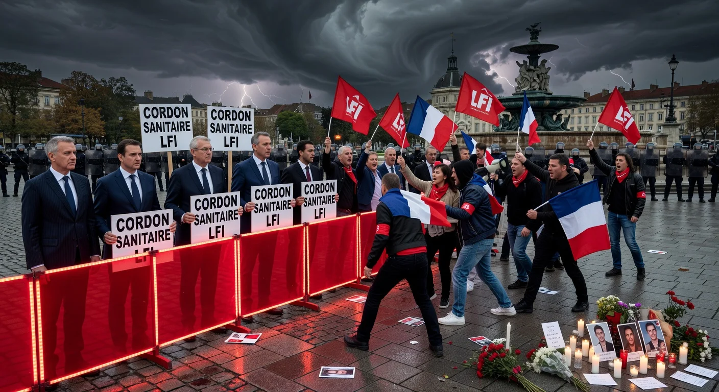 Illustration of Republicans calling for political isolation of LFI after far-right militant Quentin Deranque's death in Lyon, showing symbolic barrier and protests.