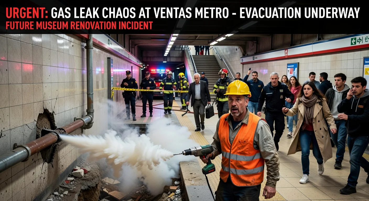 Chaotic evacuation scene at Ventas metro station after a worker perforates a gas pipe, with emergency responders on site.