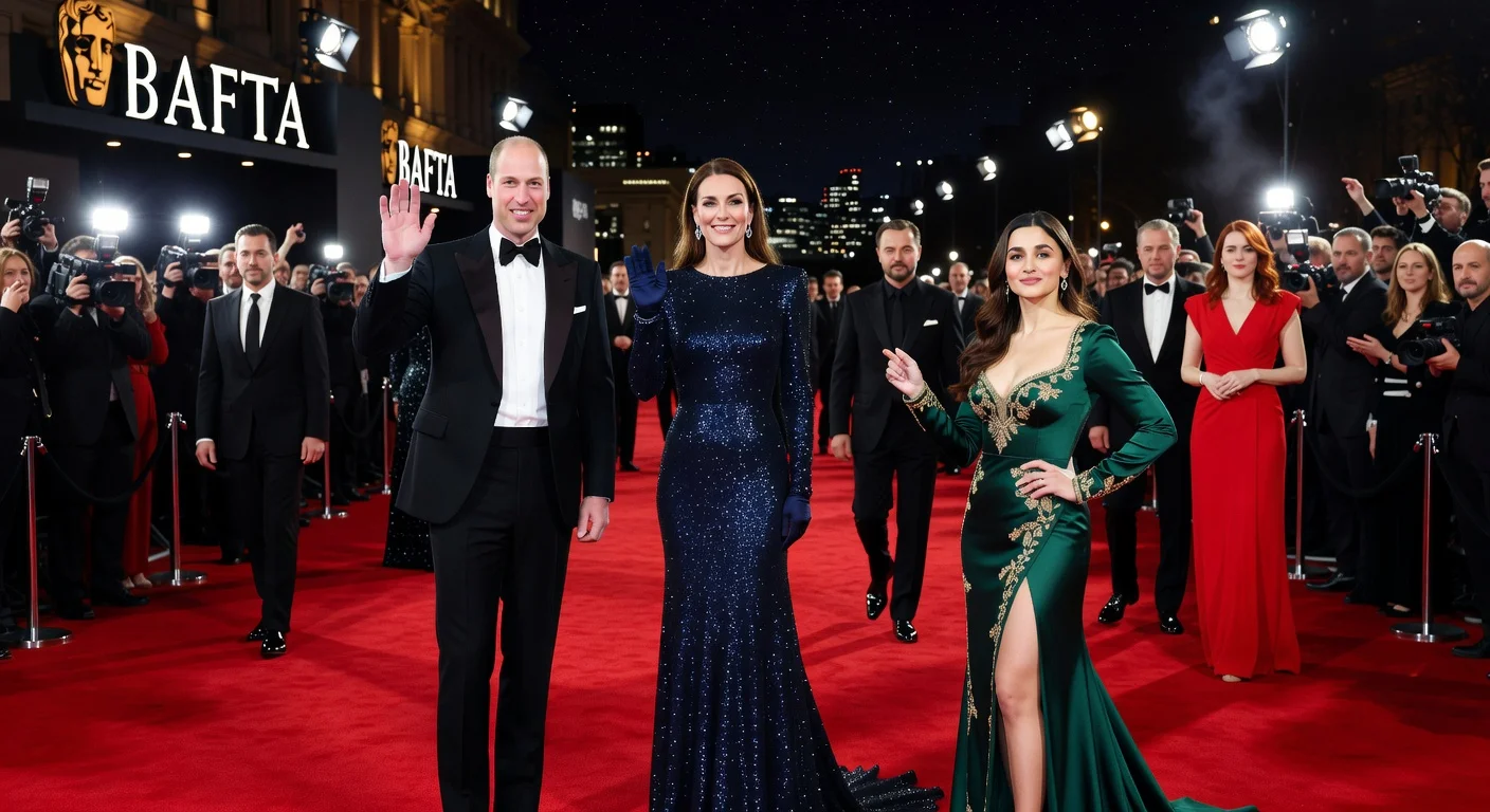 Red carpet scene at 2026 BAFTA Awards featuring Prince William, Princess Catherine, Alia Bhatt, Leonardo DiCaprio, and Emma Stone in London.