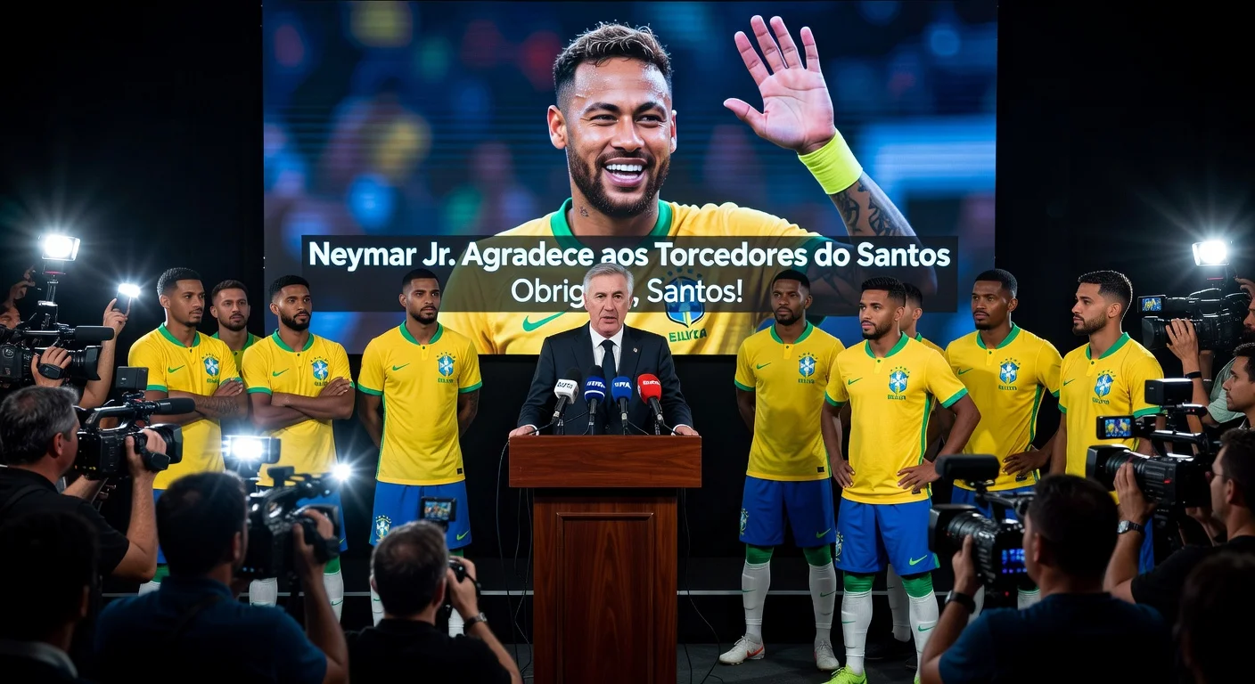Illustration of Ancelotti announcing Neymar and domestic players for the 2026 World Cup squad.