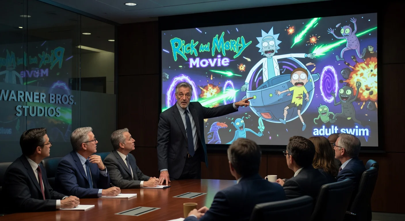 News illustration depicting Jacob Hair in talks to direct the Rick and Morty movie for Warner Bros.