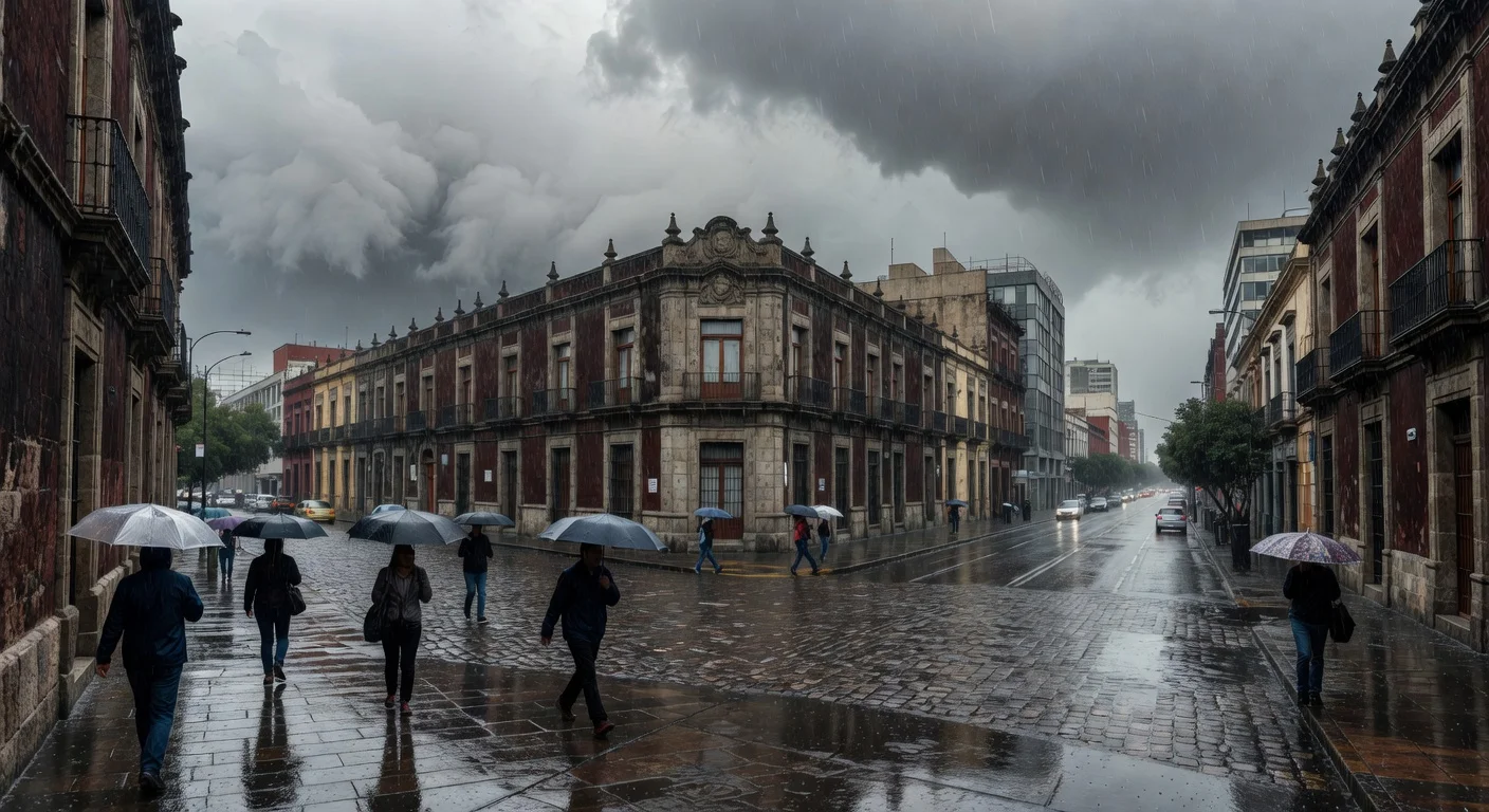 Rain falling on Mexico City streets under cloudy skies with people using umbrellas