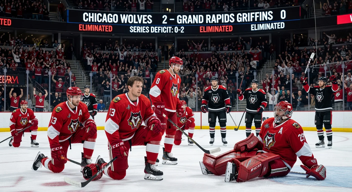 Dejected Grand Rapids Griffins hockey players on the ice after a playoff loss in the Calder Cup division finals.