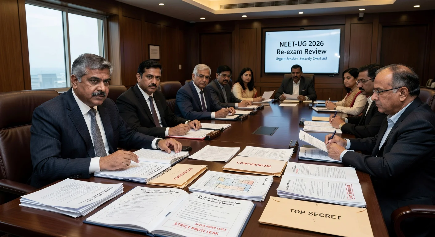 Dharmendra Pradhan reviewing NEET-UG 2026 re-exam preparations with officials in a formal meeting.