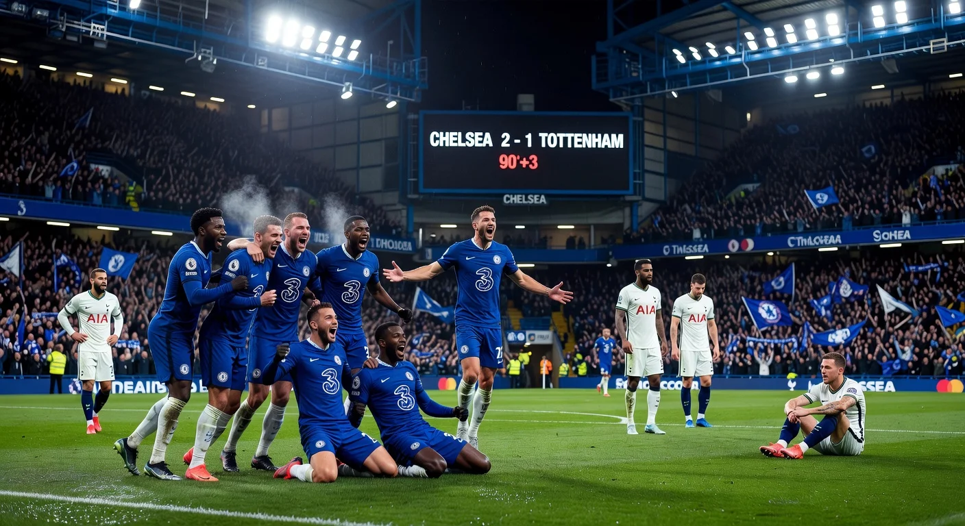 Chelsea securing a 2-1 victory over Tottenham at Stamford Bridge, players celebrating on the field with excited fans.