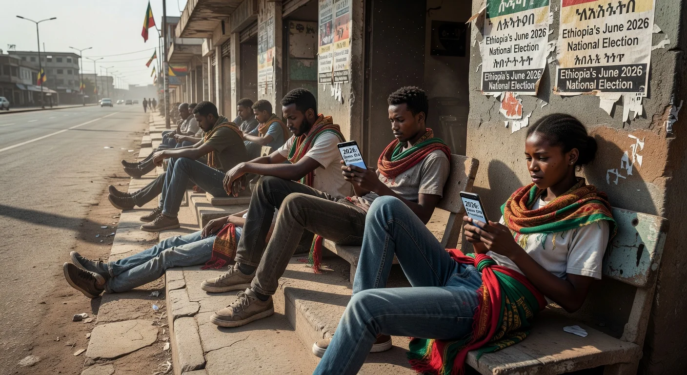 Young Ethiopians disengaged from 2026 election, scrolling phones amid ignored posters in Addis Ababa.