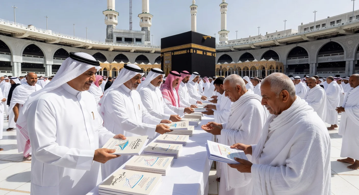Illustration of Hajj ministry officials distributing a guide to domestic pilgrims in Makkah near the Kaaba.