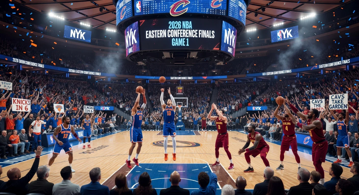 Fans cheering at Madison Square Garden during Knicks vs Cavaliers NBA playoff game.