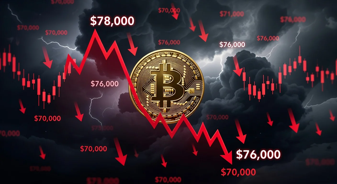 Illustration of Bitcoin risking a slide to $70,000 as support at $76,000 weakens on a financial chart