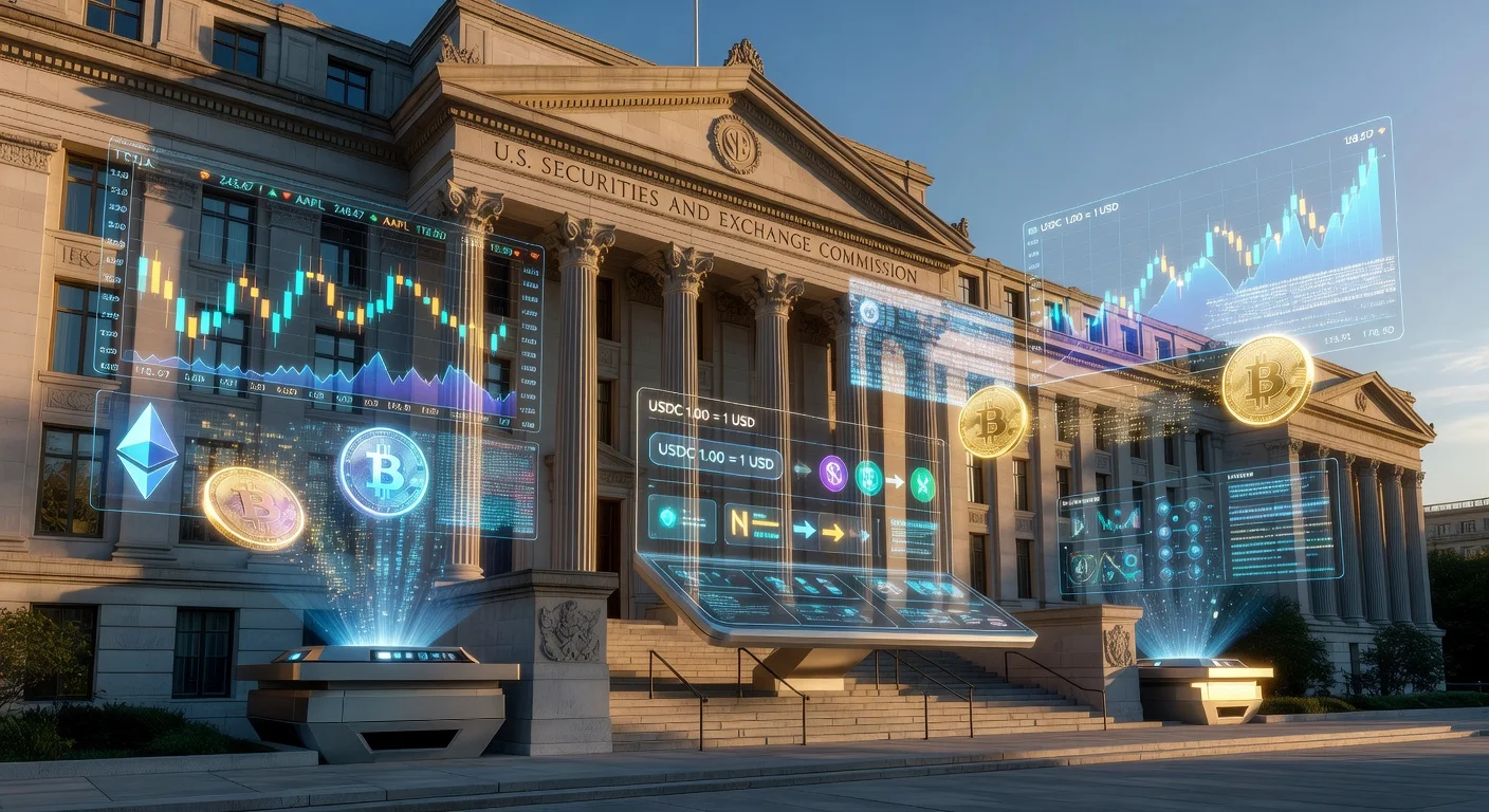Illustration of SEC building with crypto and stock elements for tokenized trading news.