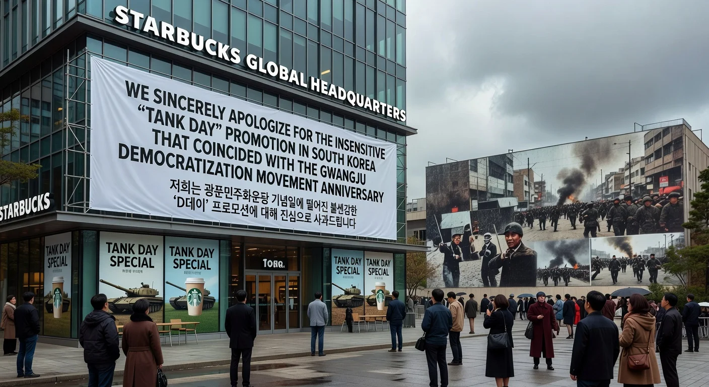 Starbucks headquarters with apology for Tank Day promotion in Korea near Gwangju movement references