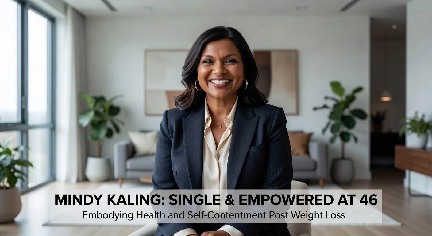 Mindy Kaling posing confidently in a modern setting, representing her recent weight loss and single lifestyle.