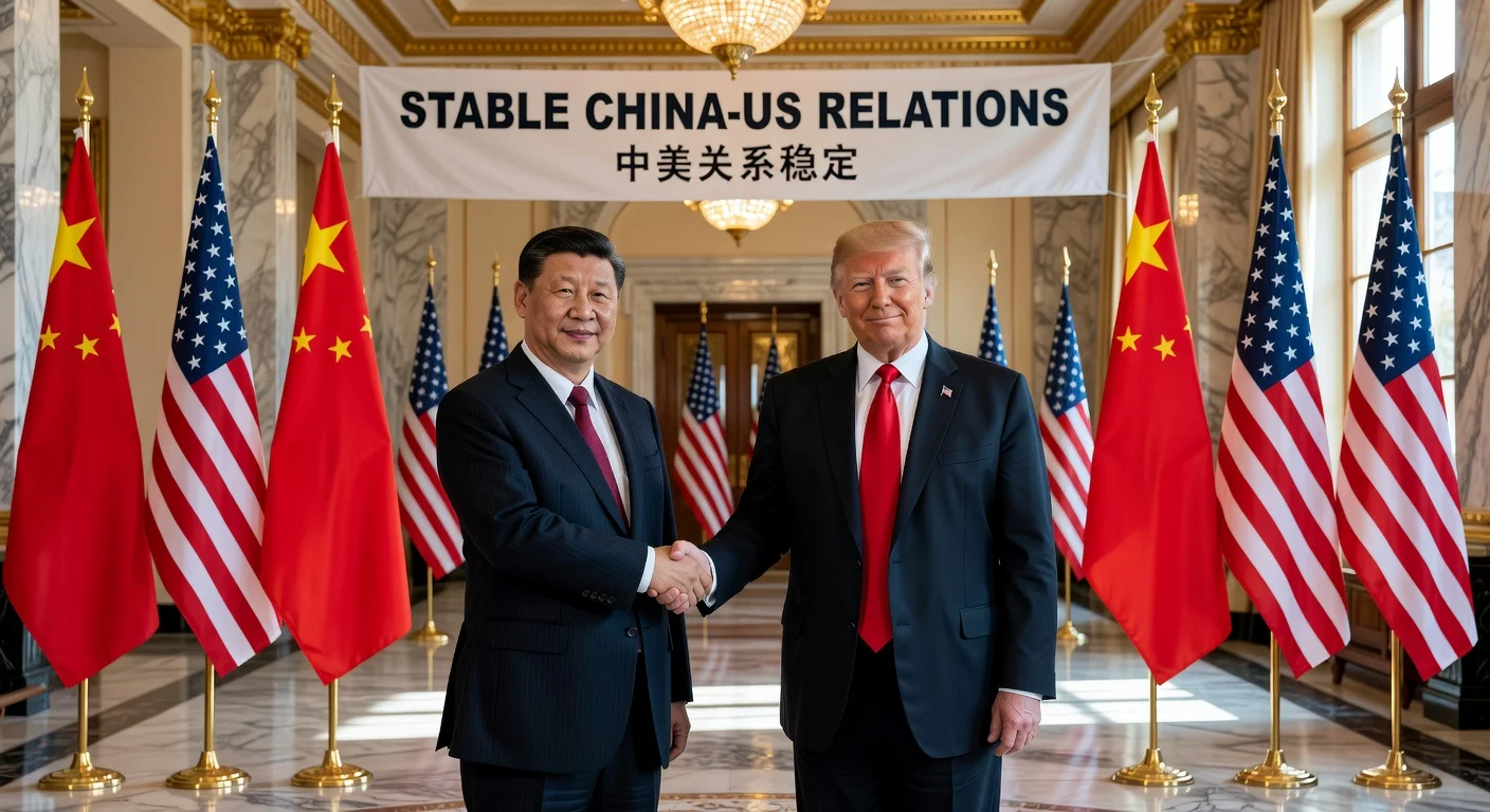 Xi Jinping and Donald Trump shaking hands in Beijing, symbolizing their agreement on stable bilateral ties.