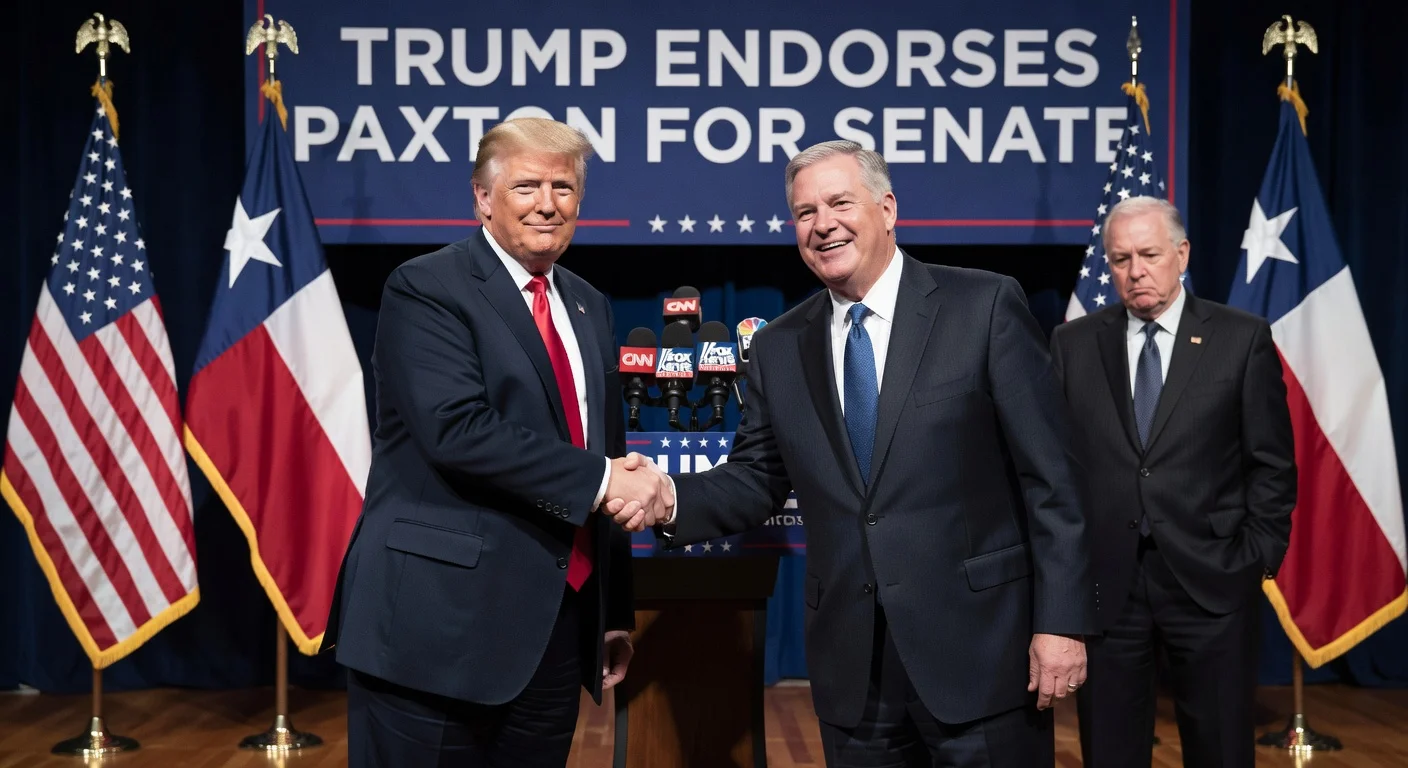 Illustration of President Trump endorsing Ken Paxton against John Cornyn in the Texas Senate runoff.