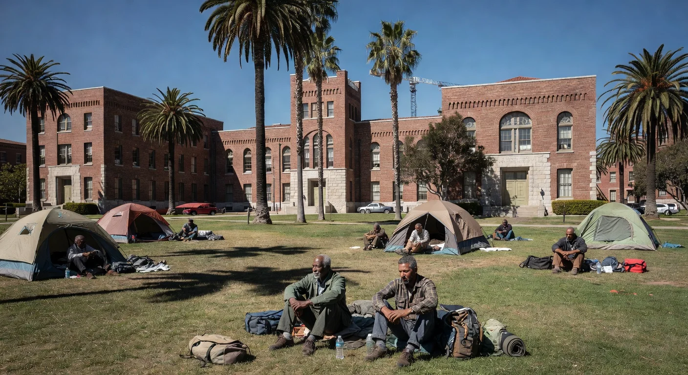 Homeless veterans waiting outside the West Los Angeles VA campus, illustrating the delay in housing initiatives.