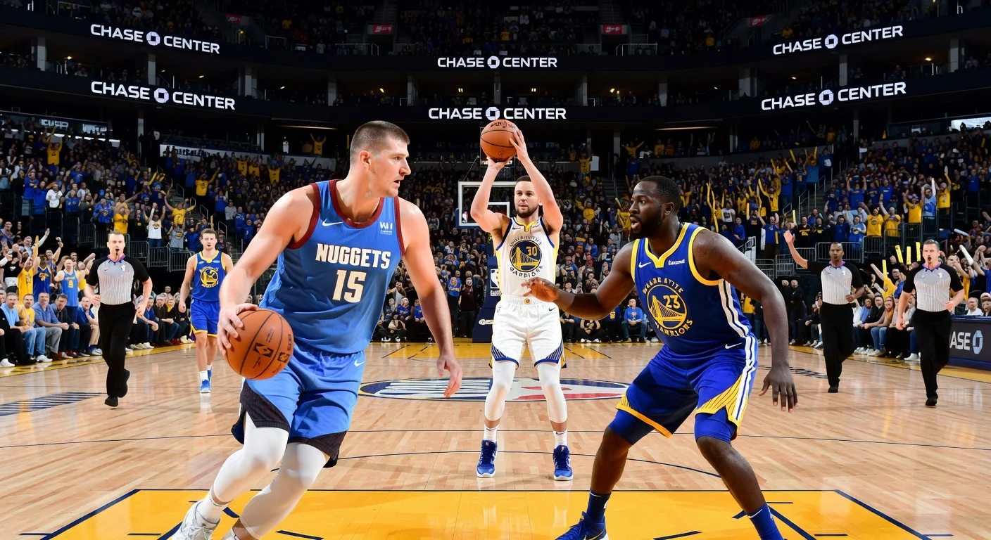 Realistic illustration of Nuggets vs. Warriors NBA game action at Chase Center, featuring Jokic, Curry, and excited fans.