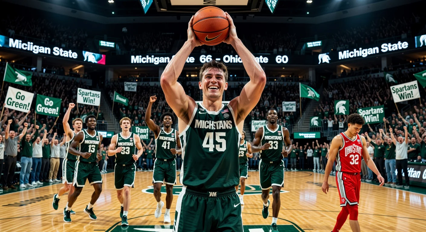 Michigan State Spartans celebrate 66-60 upset win over Ohio State at Breslin Center, with Carson Cooper leading the rally.