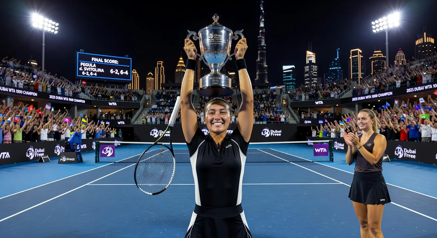 Jessica Pegula holds the Dubai Duty Free Tennis Championships trophy aloft after defeating Elina Svitolina 6-2, 6-4 in the final.
