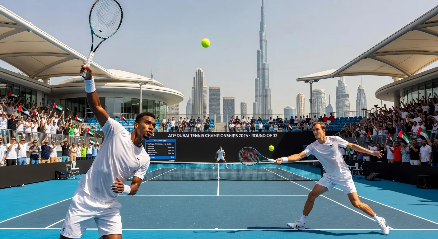 Top seeds Felix Auger-Aliassime and Daniil Medvedev in action during ATP Dubai 2026 round of 32 at Aviation Club Tennis Centre.