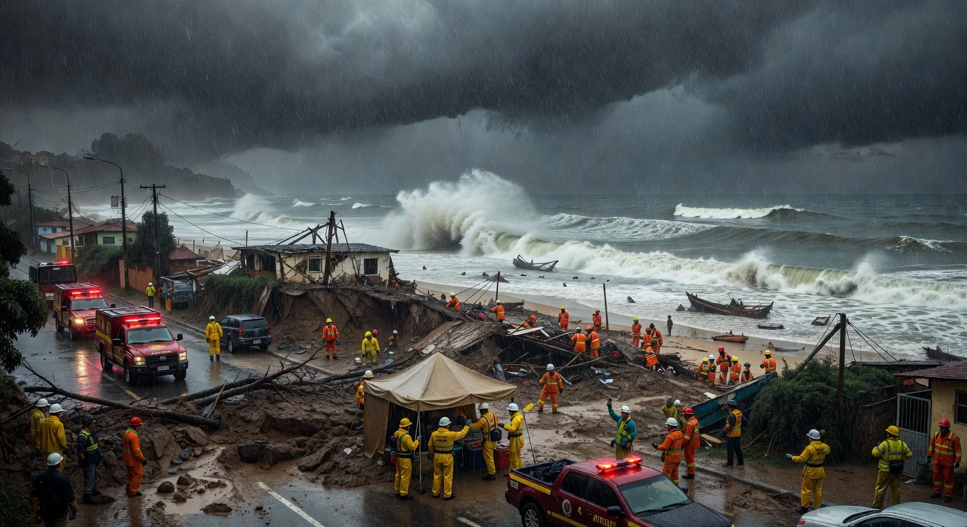 Dramatic scene of flooding, landslides, and shipwreck on São Paulo's coast amid intense rains, with Civil Defense response.