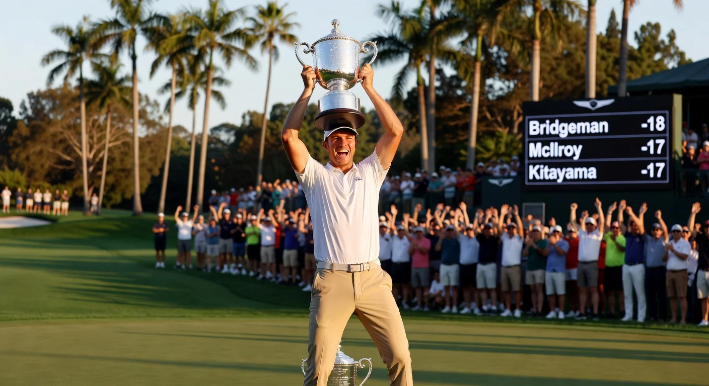 Jacob Bridgeman holds the Genesis Invitational trophy in victory on the 18th green at Riviera Country Club after his first PGA Tour win.