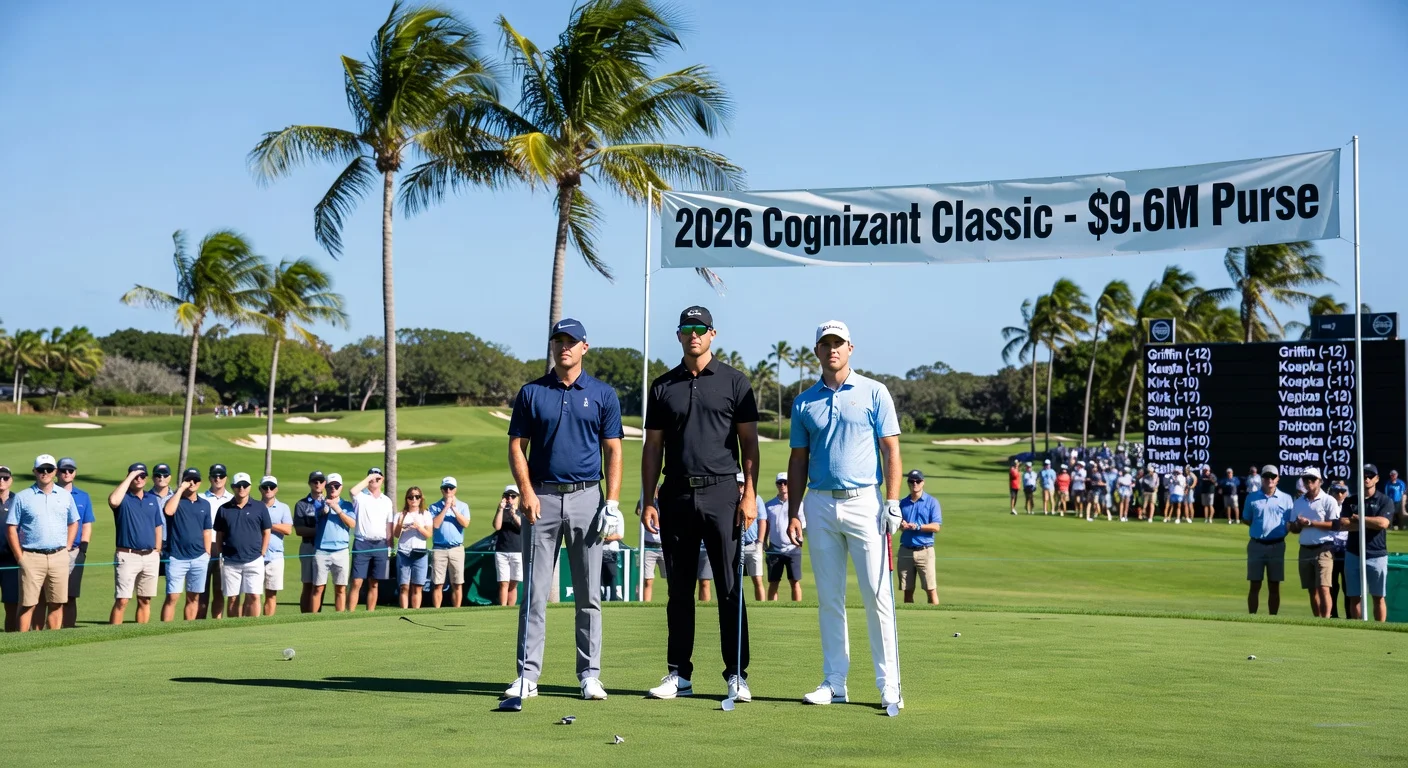 Photorealistic scene of golfers Ben Griffin, Brooks Koepka, and Chris Kirk teeing off at the 2026 Cognizant Classic PGA Tour event in Palm Beach Gardens, Florida.