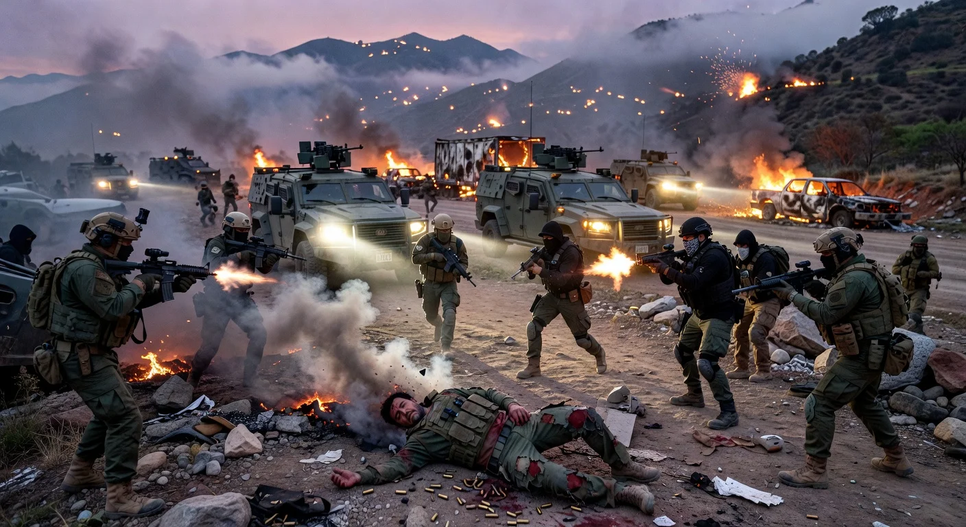 Dramatic illustration of Jalisco cartel leader 'El Mencho' killed in military clash, igniting widespread violence with road blockades and arson across Mexico.