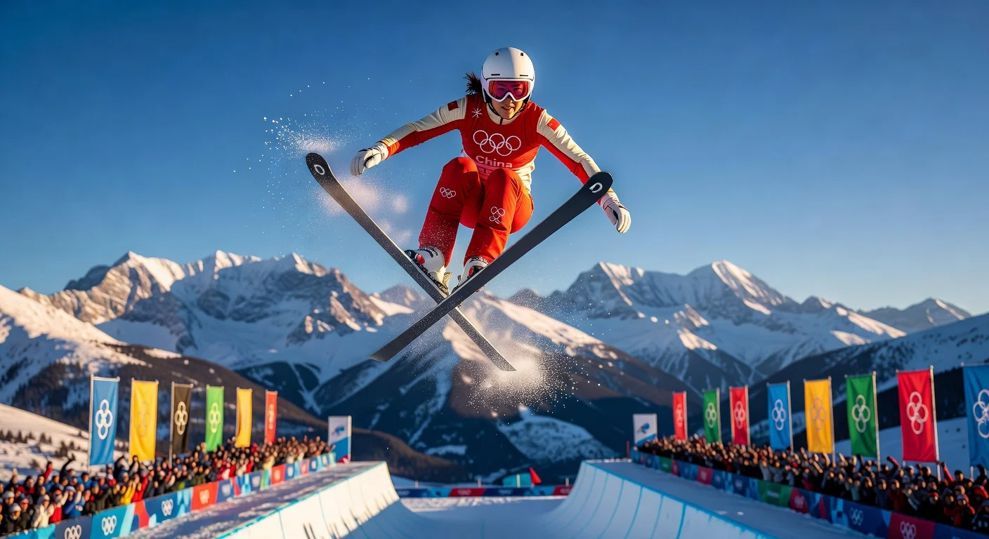 Eileen Gu mid-air performing a freeski halfpipe trick en route to defending her Olympic gold medal at the 2026 Winter Olympics.