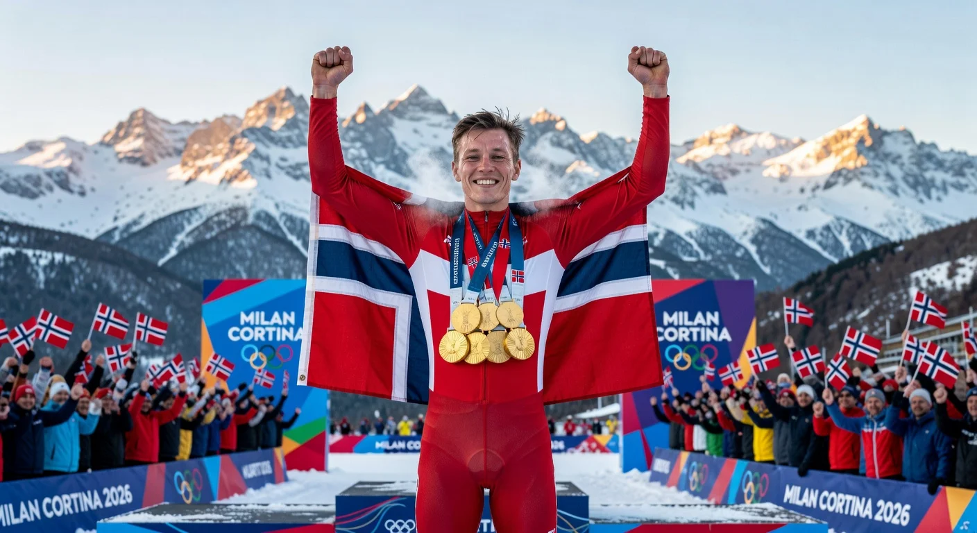 Johannes Klæbo on the podium with six gold medals from cross-country skiing at the 2026 Winter Olympics.