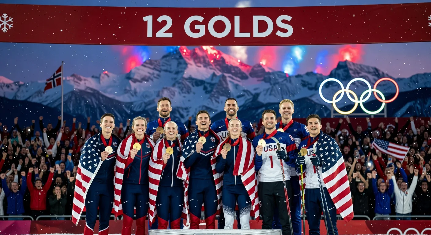 Team USA athletes celebrate record 12 gold medals on the podium at the 2026 Milan Cortina Winter Olympics, with Alps and flags in the background.