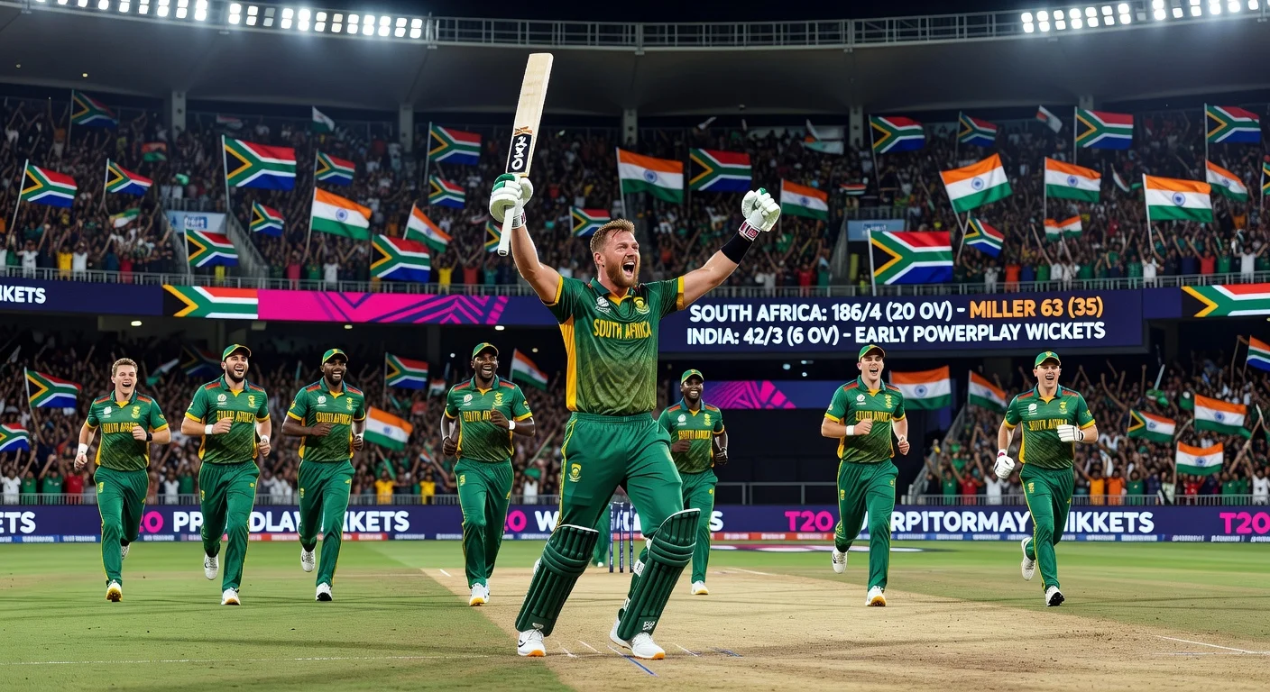 David Miller celebrates South Africa's 76-run victory over India in T20 World Cup Super 8 at Ahmedabad stadium.