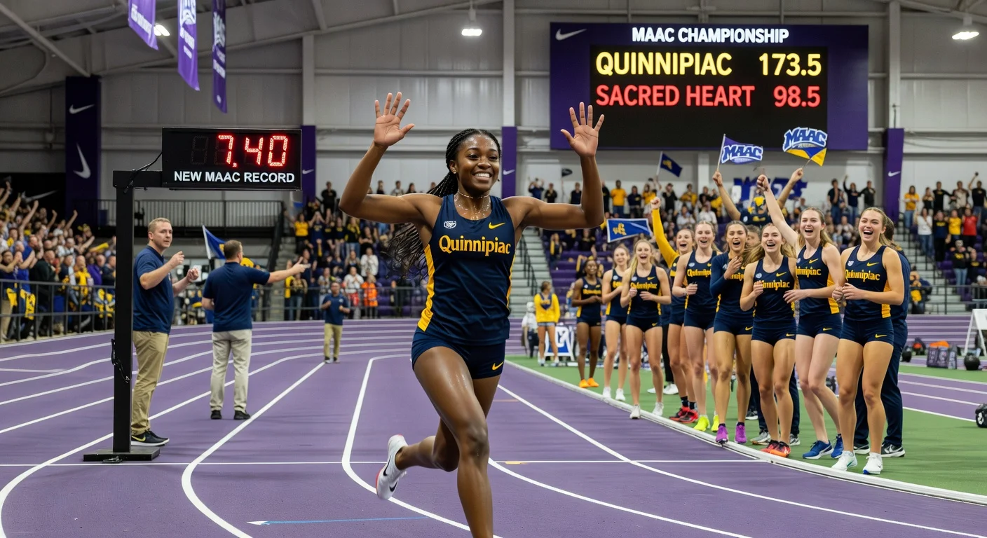 Quinnipiac women's indoor track team celebrates historic first MAAC title, with record-setting sprinter Nyasia Dailey finishing the 60m dash.
