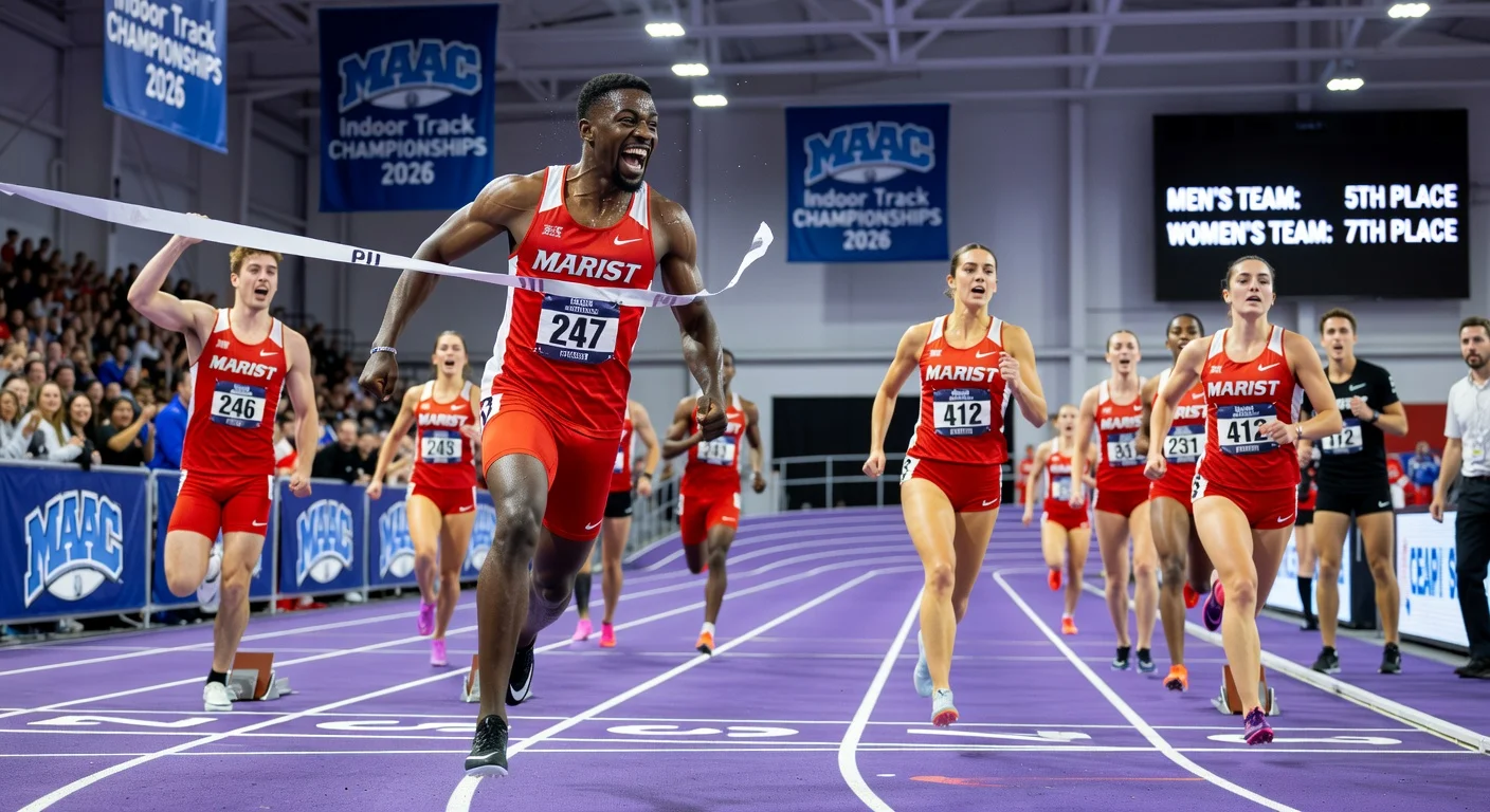 Marist track stars Amari Mathis and Julianna Mirabile claim victories at MAAC indoor championships, with team celebrations at New York Armory.