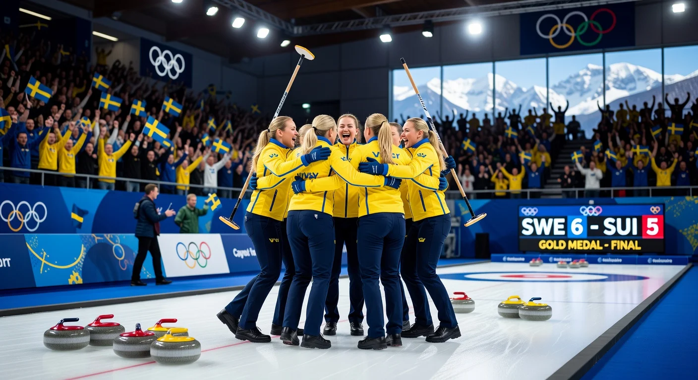 Sweden's Anna Hasselborg and team celebrate 6-5 curling gold over Switzerland at Olympics.