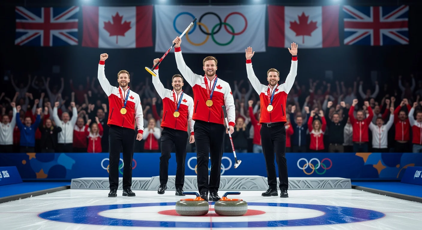 Canadian curling team jubilantly celebrates Olympic gold on podium, holding medals and brooms amid ice rink and crowd.