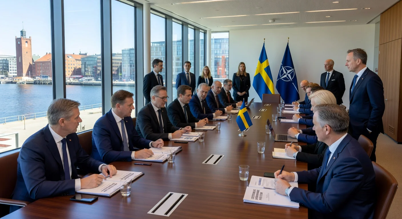 NATO foreign ministers gathered at a conference table in Helsingborg, Sweden, with flags and documents on defense and Ukraine.