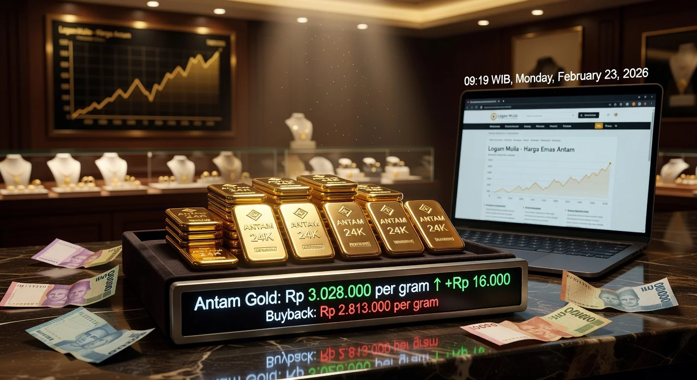 Illustration of Antam gold bars with digital price display showing Rp 3.028 million per gram increase, alongside Logam Mulia website.