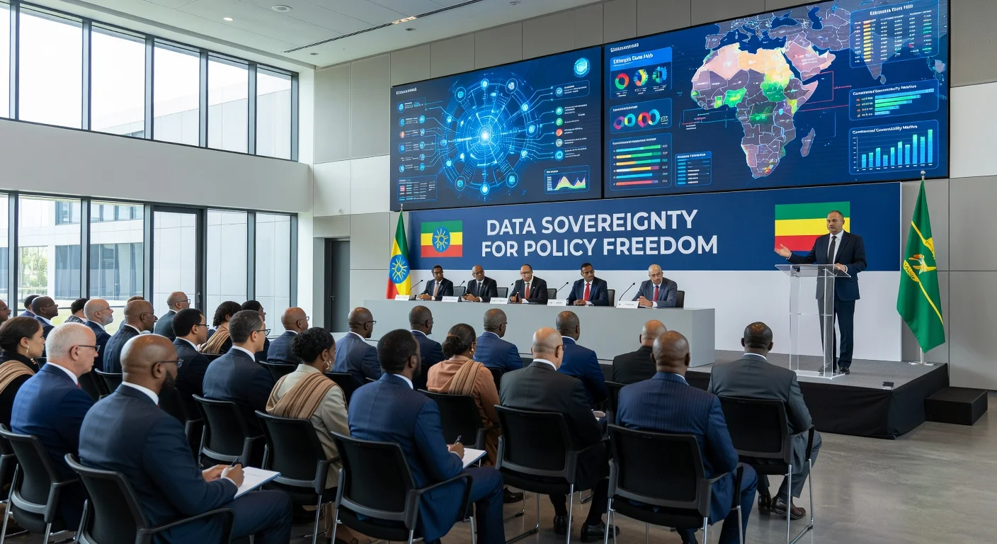 Ethiopian officials attending a national conference on data sovereignty in Addis Ababa with stage banner and digital screens.