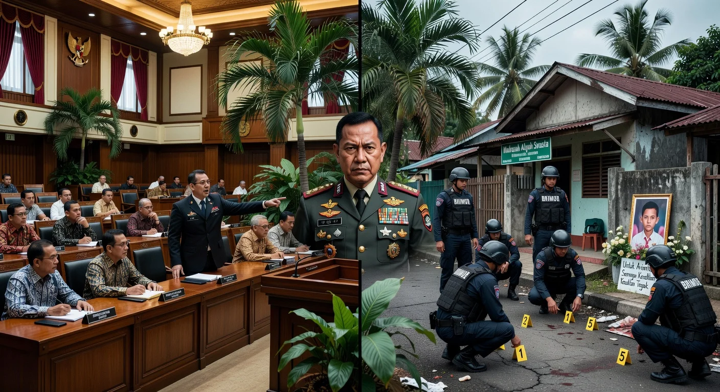 Illustration depicting parliament urging police investigation into fatal assault of Maluku madrasah student by Brimob officer.