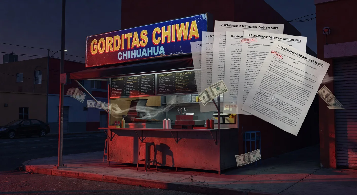 Illustration of the Gorditas Chiwas restaurant in Chihuahua sanctioned by the US Treasury for alleged Sinaloa Cartel money laundering ties.