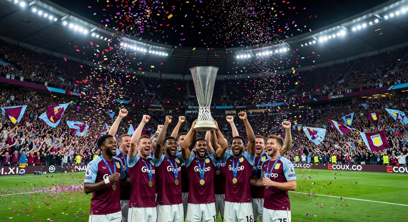 Aston Villa players celebrating Europa League victory with trophy in Istanbul stadium.