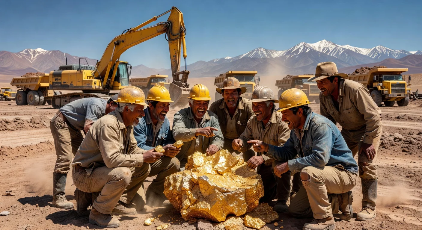 Miners examining gold ore samples at a site in Chile's Atacama Desert with mining equipment and mountains in the background.