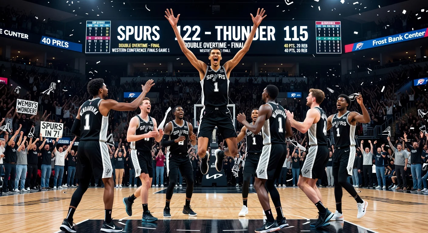Victor Wembanyama celebrating the Spurs' double-overtime victory in the Western Conference Finals with a historic performance.